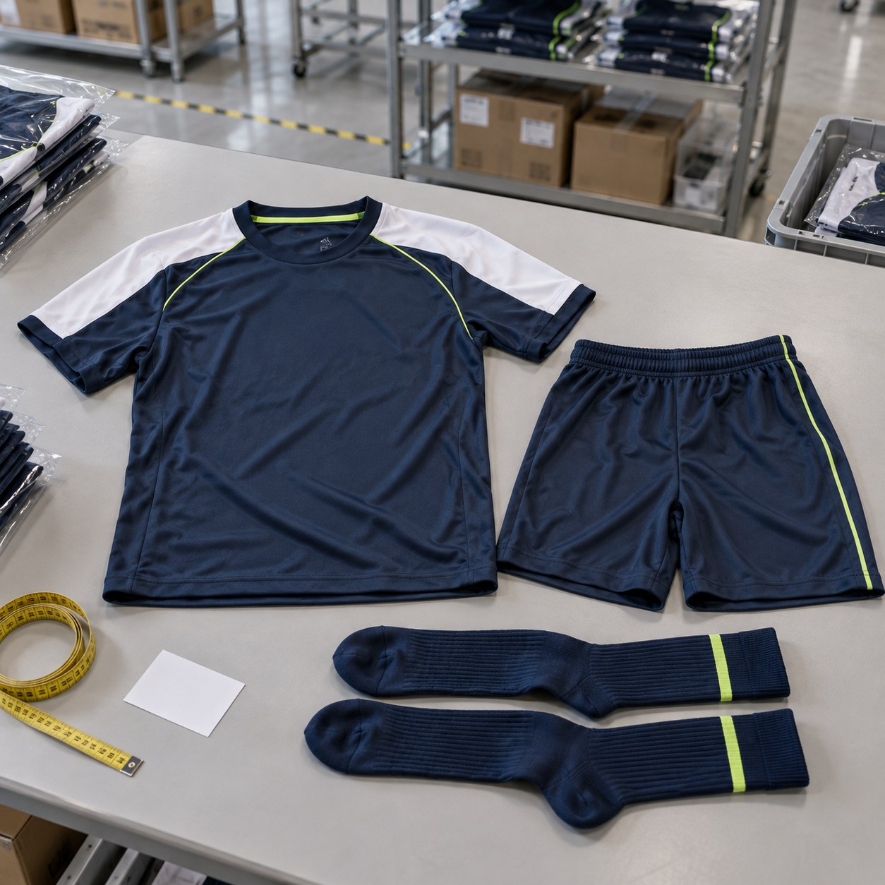 Valmis jalgpallivorm loomuliku flat-lay paigutusena kvaliteedikontrolli laual